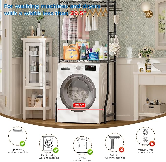 Over Washer and Dryer Shelves,2 Tier Adjustable Height Wire Shelving Laundry Room Storage Organization Clothes Drying Rack with Hanger Rod&Hooks,Space Saving Organizers Shelf,Black
