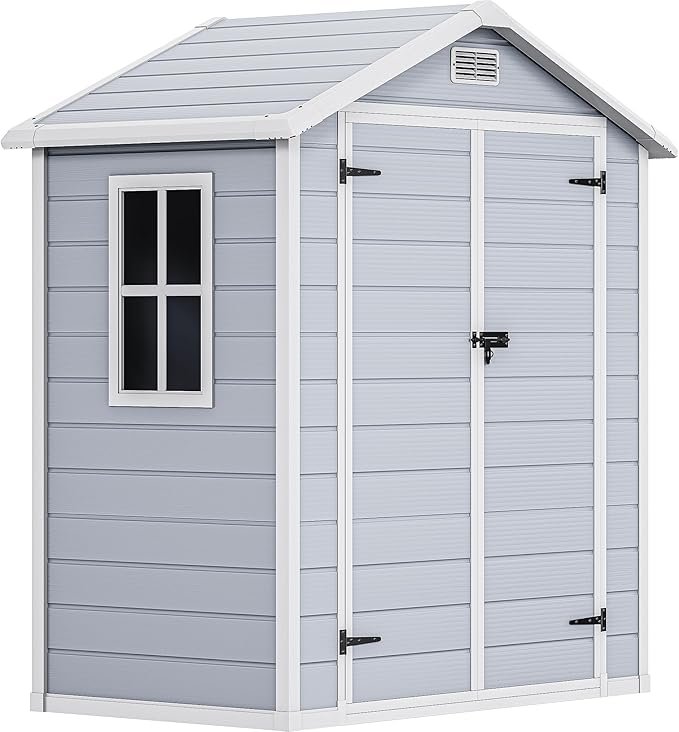 DWVO 6x4 FT Outdoor Resin Storage Shed with Reinforced Floor, All-Weather Bike Storage Shed with Lockable Door, Window and Vent, Waterproof Plastic Tool Storage for Garden, Backyard, Patio, Lawn