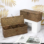 2 PCS Seagrass Storage Basket with Lid, Boho Small Woven Shelf Basket Rectangular Toilet Roll Bin 3-Section Divided Organizer for Snack Tampon Bathroom Closets Pantry Coffee Table Counter