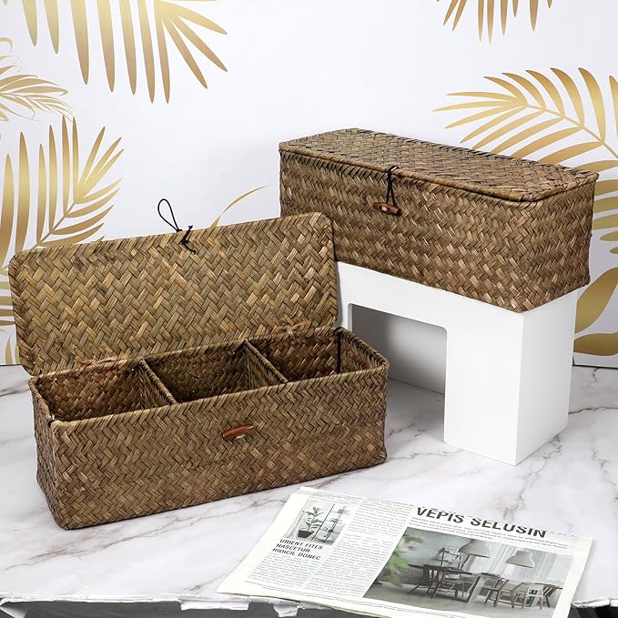 2 PCS Seagrass Storage Basket with Lid, Boho Small Woven Shelf Basket Rectangular Toilet Roll Bin 3-Section Divided Organizer for Snack Tampon Bathroom Closets Pantry Coffee Table Counter