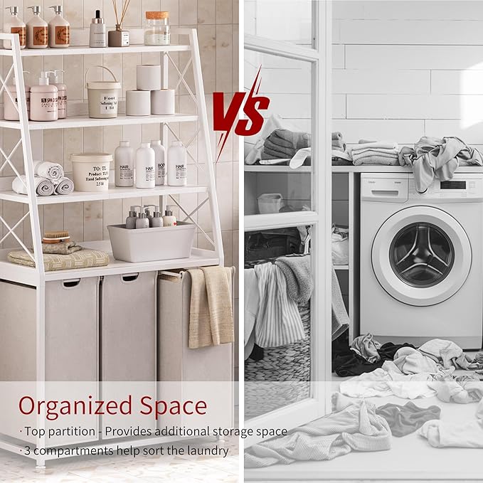 Laundry Basket, 3 Section Laundry Hamper with 4 Tiers Shelf, Pull-Out and Removable Laundry Bags, Large 3 x 15.87 Gallons, for Laundry Room Bathroom White PF05XLW