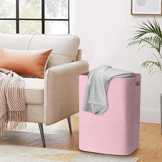 Large Laundry Hamper 16"x13"x22" - Tall Woven Laundry Basket, Cotton Rope Dirty Clothes Hamper, Baby Kids Nursery Wicker Laundry Basket, Bedroom Aesthetic, Soft Laundry Bin, Pink Hamper, 75L
