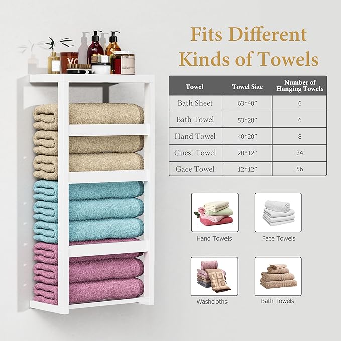 Bamboo Wall Blanket Ladder, 4-Tier Towel Racks, Bamboo Bath Towel Racks for Bathroom Wall Mounted, Decorative Blanket, Quilt, Towel, Scarf Ladder Shelves for Bathroom, Living Room, Bedroom，White