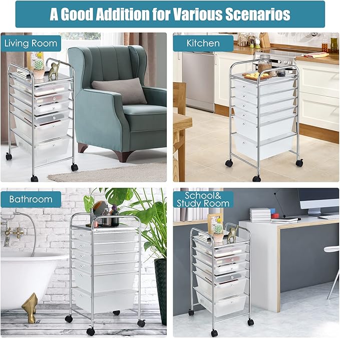 GOFLAME 6-Drawer Rolling Storage Cart, Multifunctional Art Craft Organizer Cart, Mobile Utility Storage Cart with Removable Drawers & Lockable Wheels, Craft Cart for Home Office, School, Clear