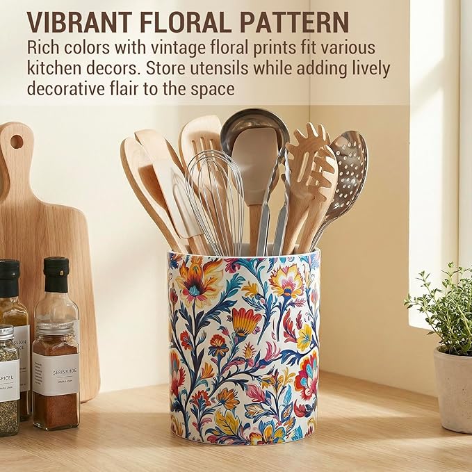 MyGift Vibrant Paisley Floral Ceramic Kitchen Utensil Holder – Decorative Crock for Cooking Utensils, Flatware, and Countertop Storage