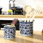 2 Pcs Blue and White Kitchen Utensil Holder 5"+6.1" Ceramic Kitchen Cooking Holder for Countertop Large Utensil Crock for Home Decor Parties Chinoiserie Blue