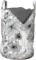 Ambesonne Floral Laundry Bag, Black and White Hand Drawn Line Art Design Wild Spring Flowers Illustration, Hamper Basket with Handles Drawstring Closure for Laundromats, 13" x 19", Black White