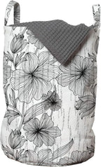 Ambesonne Floral Laundry Bag, Black and White Hand Drawn Line Art Design Wild Spring Flowers Illustration, Hamper Basket with Handles Drawstring Closure for Laundromats, 13" x 19", Black White