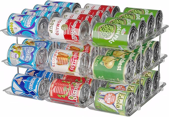 cjc Can Organizer for Pantry, 3 Sets 3 Tiers Can Organizer for Fridge, Clear Automatic Rolling Soda Pantry Organizers for 36 Cans, Stackable Storage Rack for Kitchen Cabinet