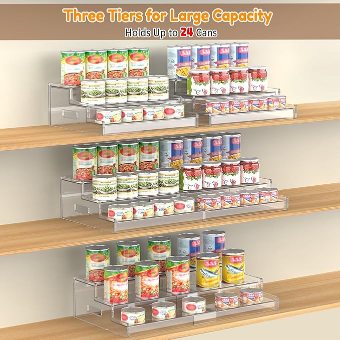 Expandable Can Rack Organizer for Pantry, 3-Tier Adjustable Acrylic Can Storage Holder, Holds Up to 24 Cans, Canned Food Organizer for Cabinet, Countertop, Kitchen