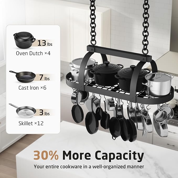 KES 48 Inch Large Hanging Pot Rack, Heavy Duty Oval Pot and Pan Hanging Rack Ceiling Mount, Pot Pan Hangers for Kitchen with 20 Hooks, Matte Black, (For 16" and 24" Joist Mount), KUR225S122-BK