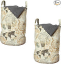 Ambesonne World Map Laundry Bag Pack of 2, Pattern Vintage Globe Atlas Theme Airship Knots Ribbon Retro Print, Hamper Basket with Handles Drawstring Closure, 13" x 19", Beige Green