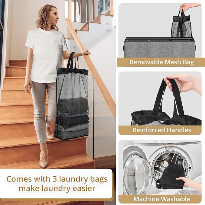 180L Laundry Hamper 3 Section, Large Laundry Hamper with Lid, Dirty Clothes Hampers with Handles, Laundry Basket Organizer for Laundry, Bedroom, Bathroom, Laundry Sorter Baskets, Grey