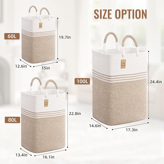 Laundry Basket Hamper,Blanket Storage,Dirty Clothes Hamper with Swivel Handles,Woven Cotton Rope Toy Baskets,Blanket Basket Living Room,Decorative Hampers for Nursery,Bedroom,White & Linen,80L