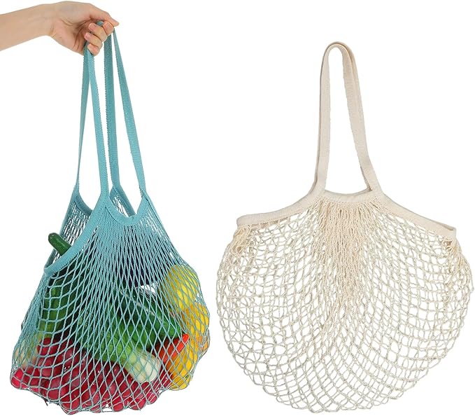 2 Pack Reusable Mesh Grocery Bags, Washable Cotton String Shopping Bag Long Handle Mesh Produce Bag for Fruit Vegetables Potatoes Farmers Market
