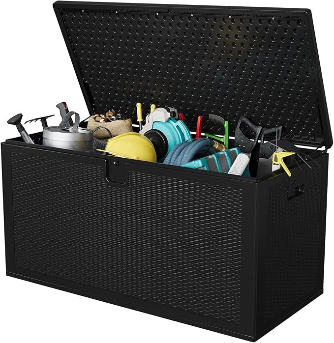 Garvee 150 gal Large Resin Deck Box, Waterproof & Weatherproof Outdoor Storage Box, Lockable Pool Storage Bin with Lid for Porch Patio Garden Backyard, Black