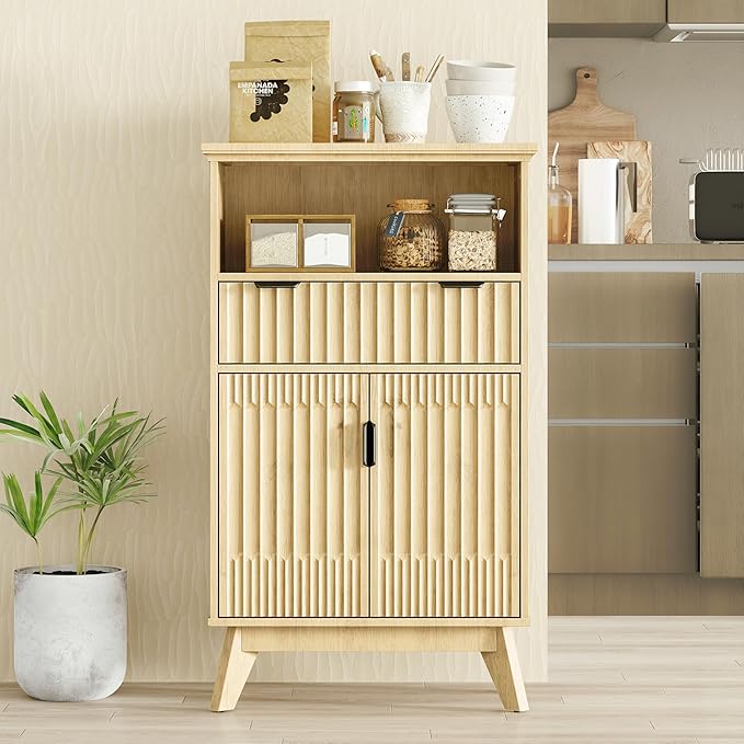 FLOWBACK Fluted Cabinet, 40'' High Coffee Bar Cabinet with Drawer & Door, Bathroom Storage with Open Shelf, Wood Kitchen Pantry Sideboard Buffet Table with Shelves for Kitchen, Dining Room, Entryway