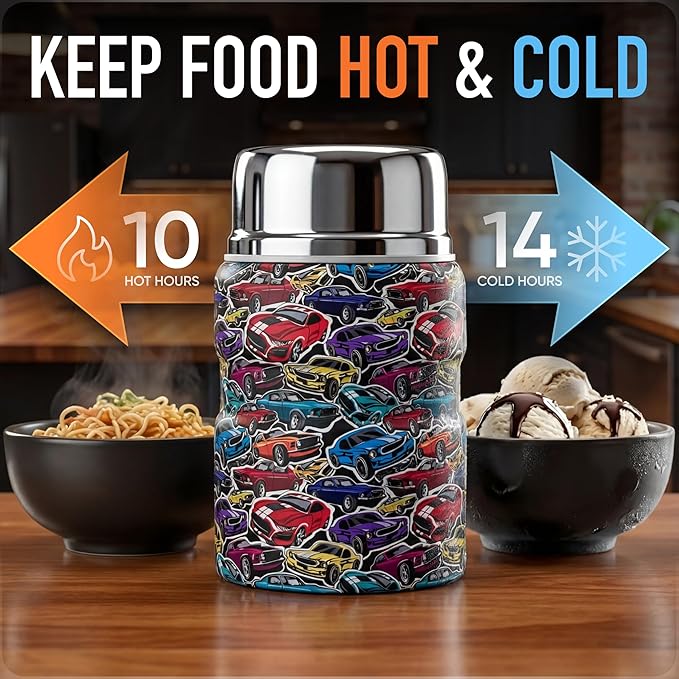 Earth&ME 17 OZ Soup Thermo for Hot & Cold Food for Kids, Vacuum Insulated Steel Lunch Container, Kids Wide Mouth Bento Thermal Food Jar, Warm Food Lunchbox Thermo Bowls with Spoon (Cars)