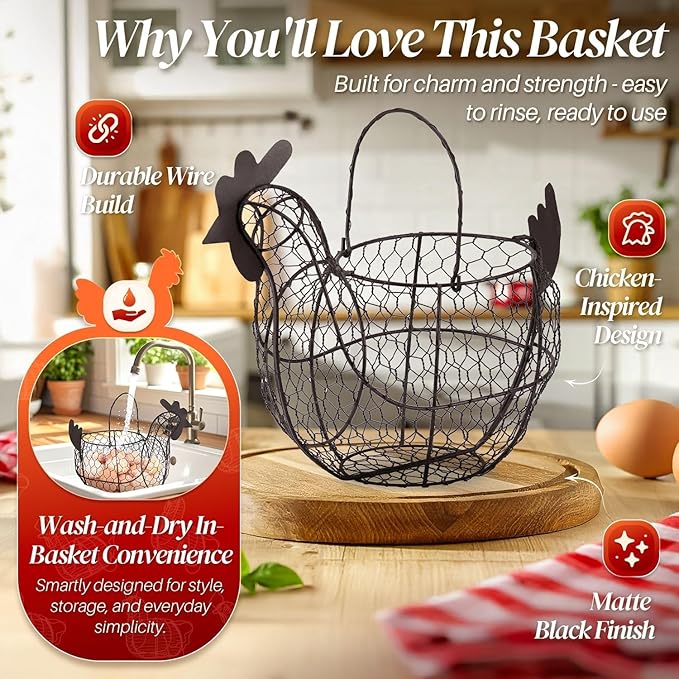 Flexzion Chicken Egg Basket for Collecting Eggs, Small Wire Egg Collecting Basket with Handle for Eggs, Fruits, Vegetables, Farmhouse Rustic Style Chicken Basket Decor for Kitchen Countertop, Black