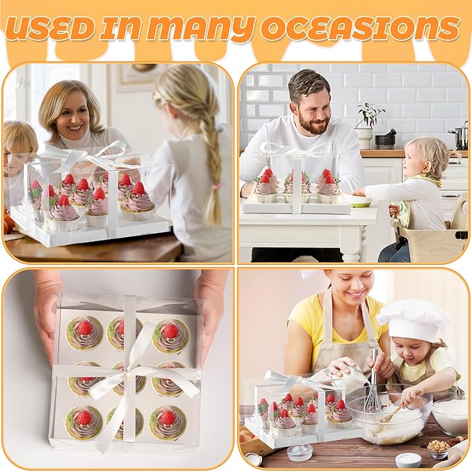4packs 9 counts Clear Cupcake Boxes,5.5inches height 9 Count Cupcake Containers with Gift Ribbon，Disposable Cupcake Carrier Holder with Detachable Tall Dome Lid, BPA Free, Standard Size(9count/4pcs)