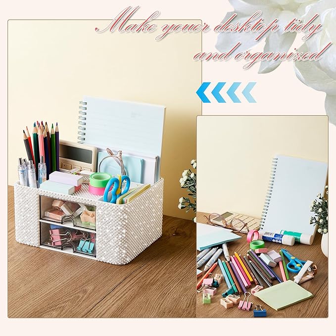 White Bling Desk Organizer with 2 Drawer, Sparkly Makeup Organizer for Vanity, Girly Desk Accessories, Rhinestone Pen Holder, Elevate Your Workspace with White Serenity (Pearl)