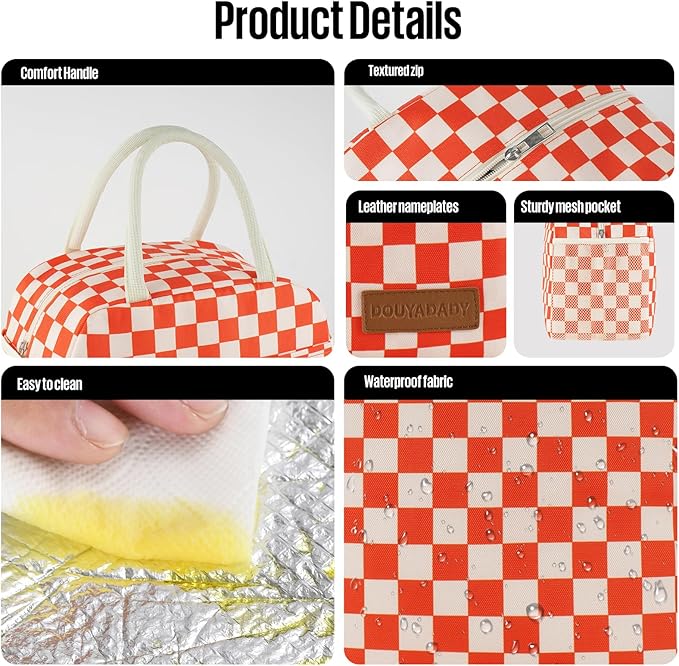 Lunch Bag Women/Men Lunch Box Women/Men (Red+Beige Checkerboard)