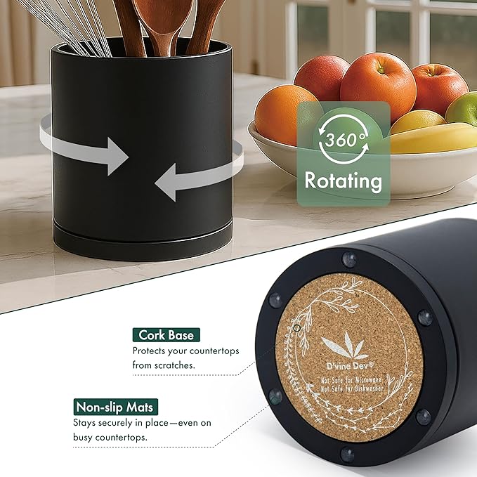 D'vine Dev 360° Rotating Utensil Holder – 7.2" Kitchen Utensil Crock for Countertop, Modern Cooking Tool Organizer for Kitchen Storage & Décor, Black, 72-X-B-2