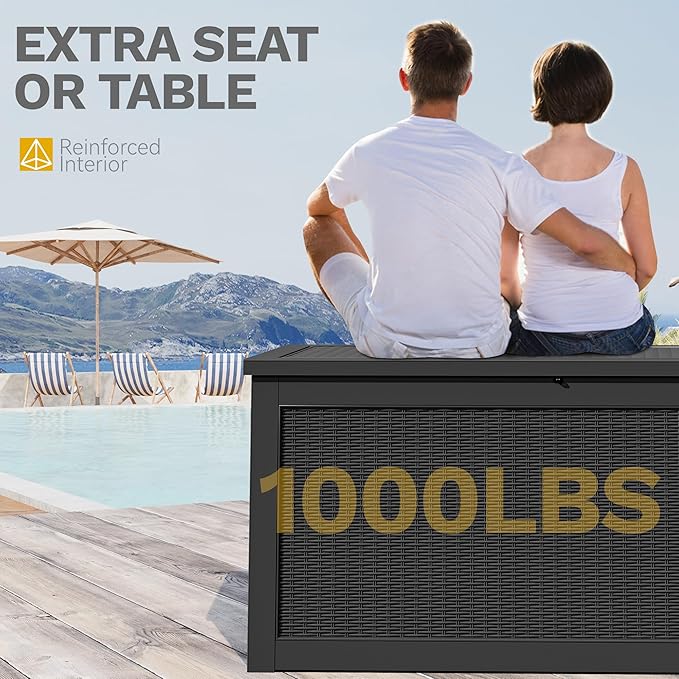 DWVO 260 Gallon XXL Extra Large Deck Box, Resin Outdoor Storage Box, Lockable & Waterproof, Double as Seating, 1000lbs Capacity (Black)