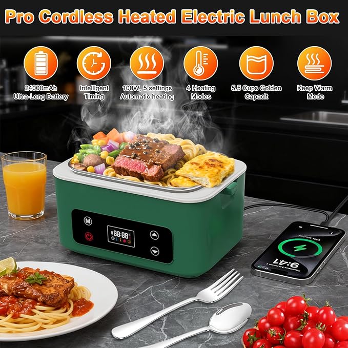 Heated Lunch Box,Pro 24000mah Electric Lunch Box,Battery Powered, 5.5 Cups Portable Food Heater-3D-5 Side Heating-Intelligent Temperature Control,Suitable For Trucks,Offices, Outdoors(Army/Green)