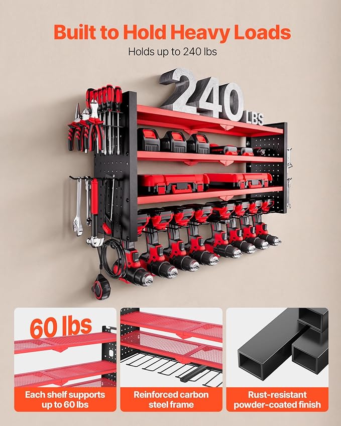 VEVOR Power Tool Organizer Wall Mount, 4-Layer Storage Rack with 8 Drill Holders, Tools Holder and Storage Rack with Side Pegboards, Garage Tool Organizer for Garage, Workbench, and Workshop