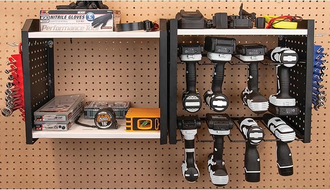 Performance Tool W7704 17-in Five Level Power Tool Storage Rack: 200 lb Limit, 9-Gauge Solid Steel Frame, Baked on Powder Coat Finish with 1/4-in Peg Holes, For Garage/Home, Black/White