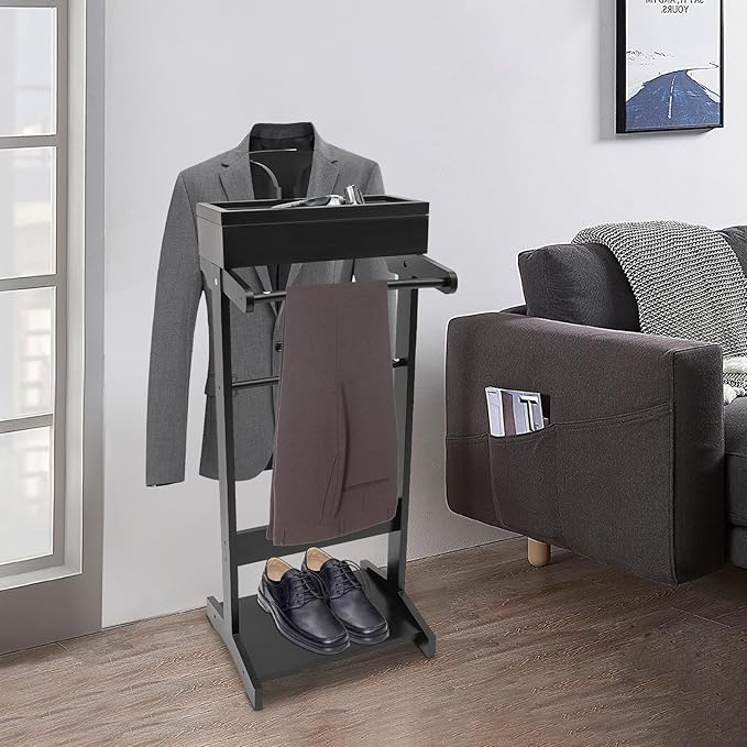 Suit Valet Stands for Women and Men, Valet Stand with Drawer, Top Tray, Contour Hanger, Trouser Bar, Belt Hooks & Shoe Rack, Accessory & Clothes Organizer, Wood Suit Rack (Black)