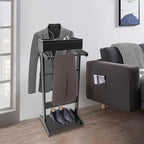 Wood Mens Valet Stand With Shoe Shelf, Coat Hanger and Hat Rack - Freestanding Suit Stand and Clothes Butler With Storage Organizer (Black)