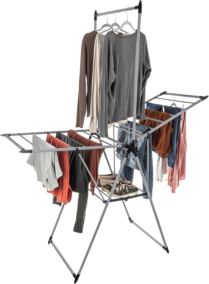 Clothes Drying Rack - 2-Level Laundry Drying Rack with 24 Drying Rails, Hanging Bar, and 2 Height-Adjustable Wings - Indoor/Outdoor Foldable Drying Rack by Home-Complete (Platinum)