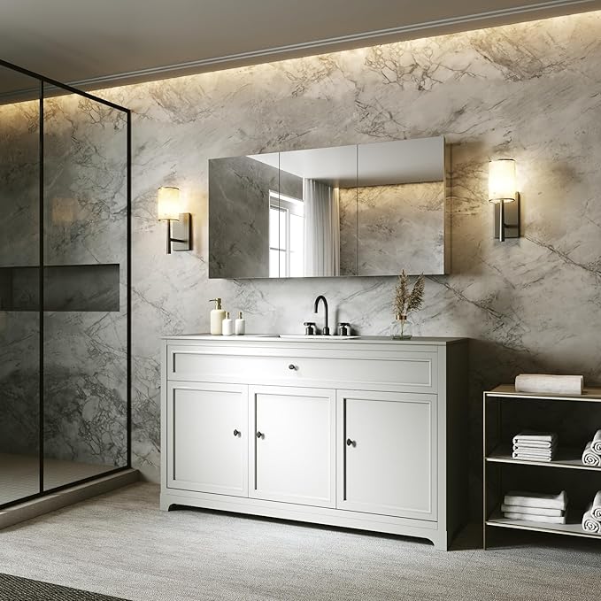 48x24 Bathroom Medicine Cabinet with Mirror,Aluminum Alloy Frame with Mirror Side Panels,Surface Medicine Cabinet with Adjustable Shelves,Assembly Required