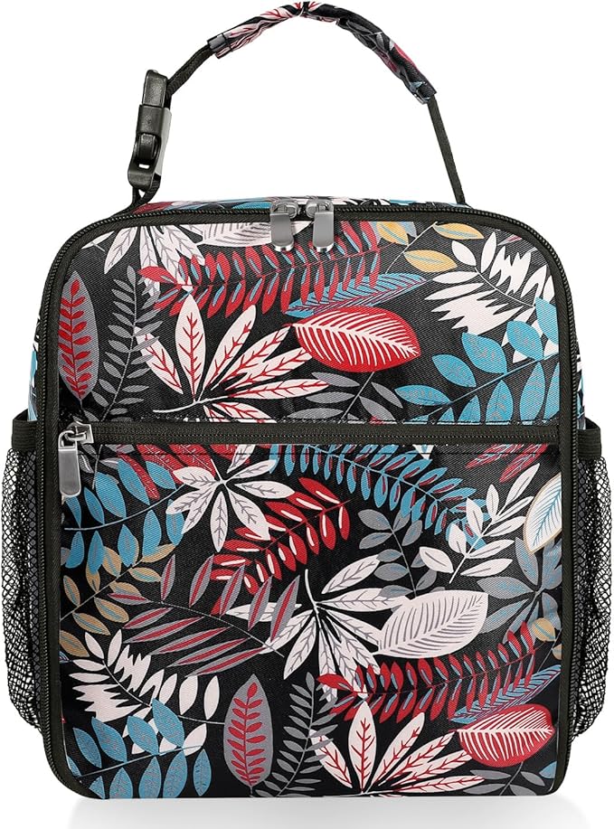 Small Lunch Box Insulated Lunch Bag for Men Women Kids, Reusable Lunch Bags Portable Small Lunch boxes Cooler Bag for School/Work/Picnic, Red Leaves 12-Can(6.5L)