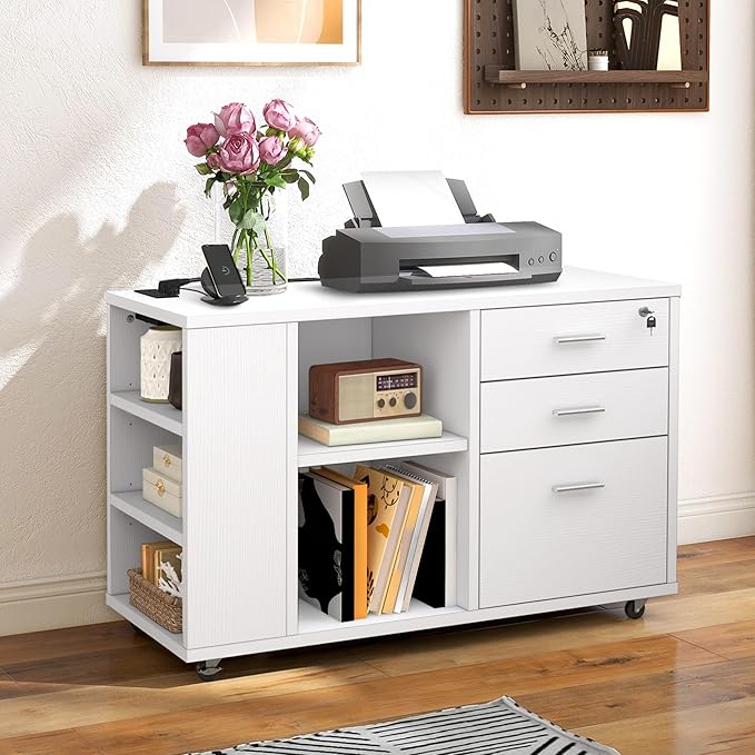 DWVO File Cabinet with Charging Station, 3 Drawer Mobile Office Furniture, Lateral Filing Cabinet with Lock, Printer Stand with Open Storage Shelf for Home Office, White