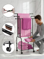42.5" H Free Standing Towel Rack, 3-Tier Reinforced Alloy Metal Towel Racks for Bathroom with Wheels and Storage Basket, Large Size Pool Towel Rack Outdoor, Multi-Use Blanket Drying Stand