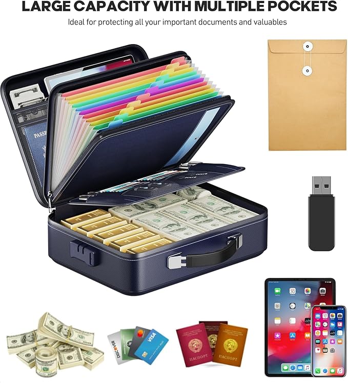 Fireproof Document Box, Hard Case Highly Flame-Resistant Fire Proof Waterproof File Organizer with Lock, Portable Fire Safe for Important Documents & Valuables Storage (Blue, ‎14"*11"*5")