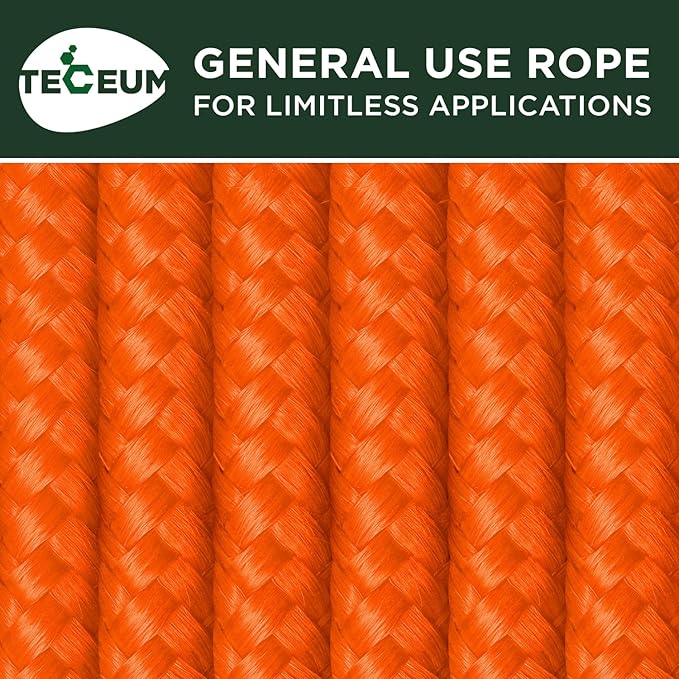 TECEUM Rope – 150 Feet x 1/4 Inch (7mm) – Orange – Strong All-Purpose Utility Rope – Camping, Crafting, Flag Pole, Indoor & Outdoor – Polypropylene Nylon Poly Lightweight Diamond Braided Cord
