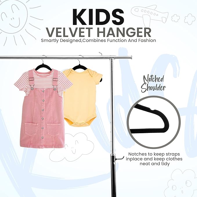 Utopia Home Kids Velvet Hangers 20 Pack – 11 Inch Non-Slip Baby Hangers for Baby and Toddlers, Durable Ultra-Slim Space-Saving Closet Organizers (Black)