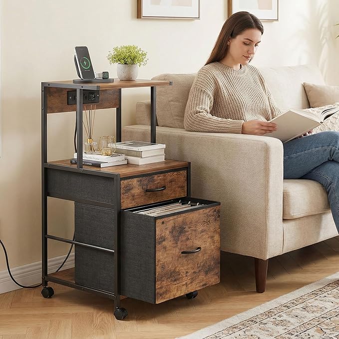 2-Drawer File Cabinets for Home Office, Filing Cabinet with Charging Station, Vertical Office Cabinet with Open Storage Shelf, Printer Stand with Drawer Fits A4 or Letter Size for Home Office