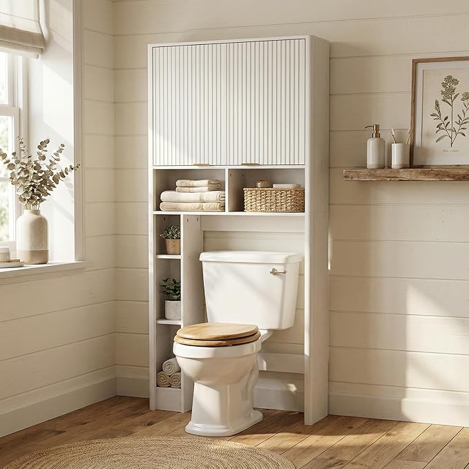 31" W Over The Toilet Storage Cabinet with Fluted Door, White Bathroom Organizer with Adjustable Shelf, 67''H Tall Toilet Paper Holder Stand Wave Door for Restroom, Laundry Room