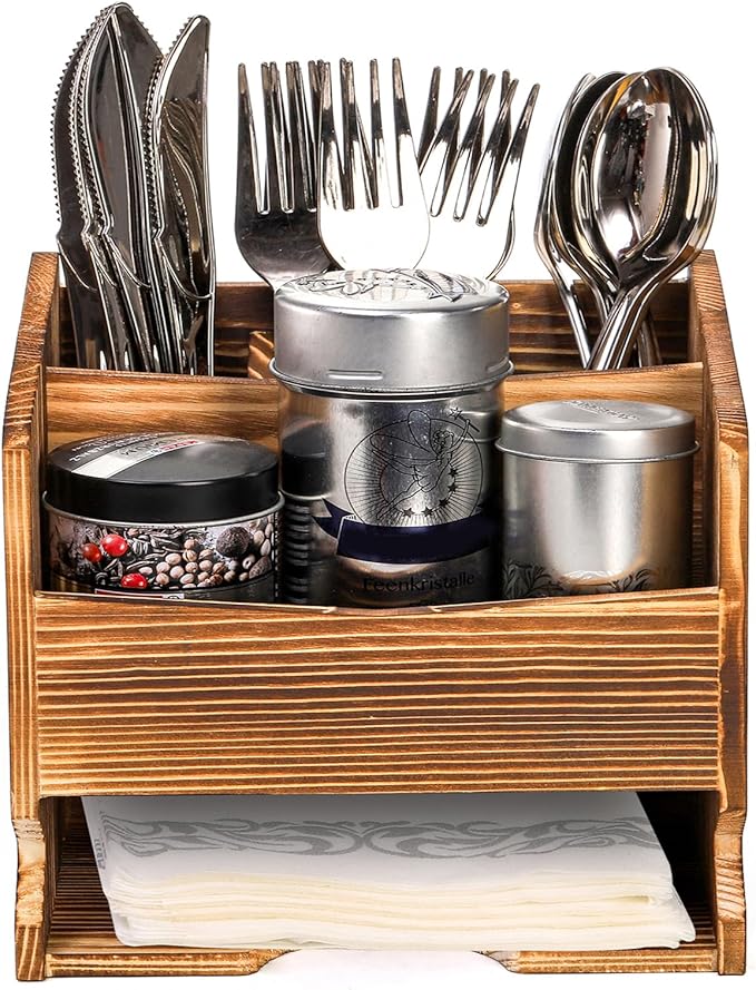 yarlung Wooden Utensil Caddy Flatware Holder, 5 Compartment Kitchen Sliverware Organizer Napkin Holder for Party, Dining Table, Restaurant or Outdoor