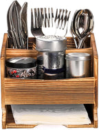 yarlung Wooden Utensil Caddy Flatware Holder, 5 Compartment Kitchen Sliverware Organizer Napkin Holder for Party, Dining Table, Restaurant or Outdoor