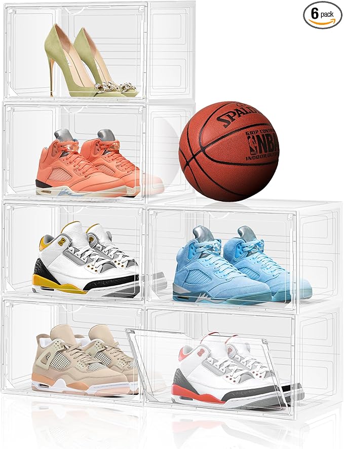 6 Pack Shoe Cases for Sneakers Transparent Shoe Storage Box Hat Display Case Stackable Storage Bins for Closet with Magnetic Door, Size 12