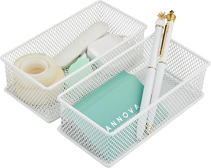 Annova Mesh Stackable Drawer Cabinet and Shelf Organizer Bins Storage Basket School Office Supply Holder Tray- Set of 2 (White, 3x6x2 Inch)