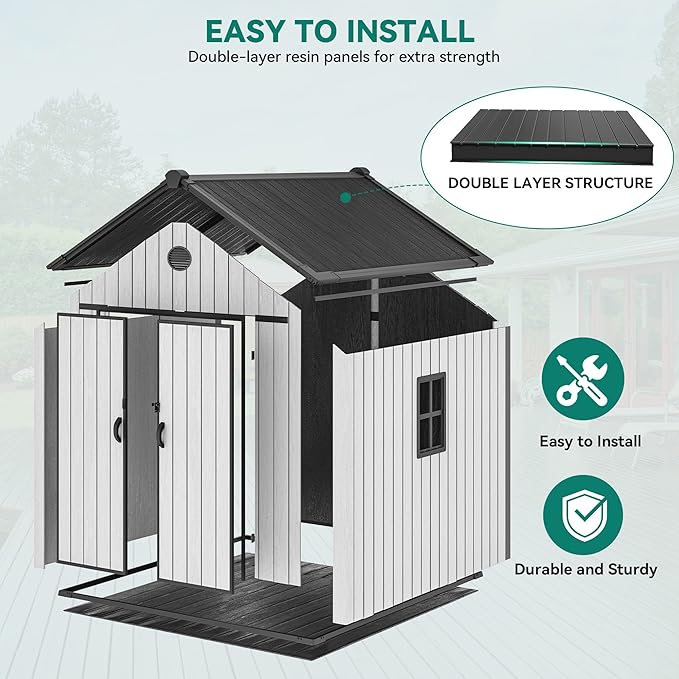 YITAHOME 8X8 ft Outdoor Plastic Storage Shed with Floor, 16mm Extra Thick Waterproof Garden Shed with Vision Window, Lockable Door & Vents, Heavy Duty Tool Storage for Patio, Lawn Mower, Bike, Gray