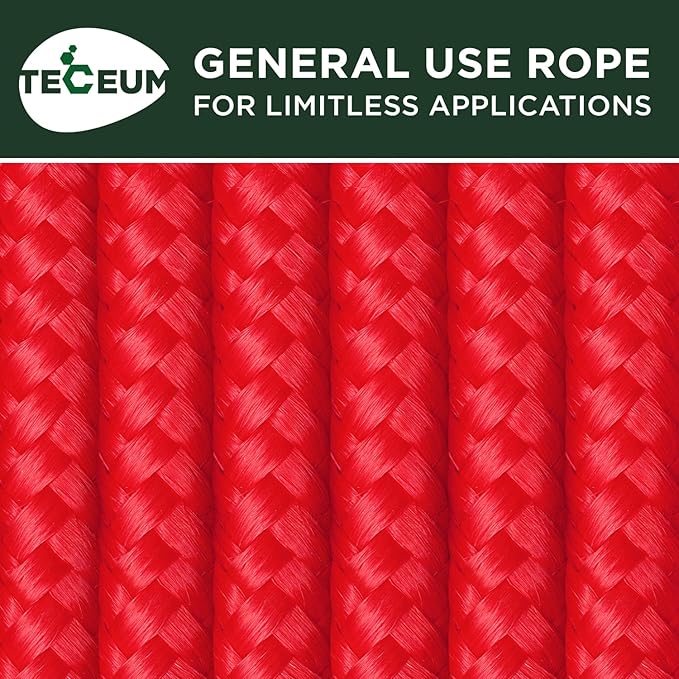 TECEUM Rope – 90 Feet x 1/4 Inch (7mm) – Red – Strong All-Purpose Utility Rope – Camping, Crafting, Flag Pole, Indoor & Outdoor – Polypropylene Nylon Poly Lightweight Diamond Braided Cord