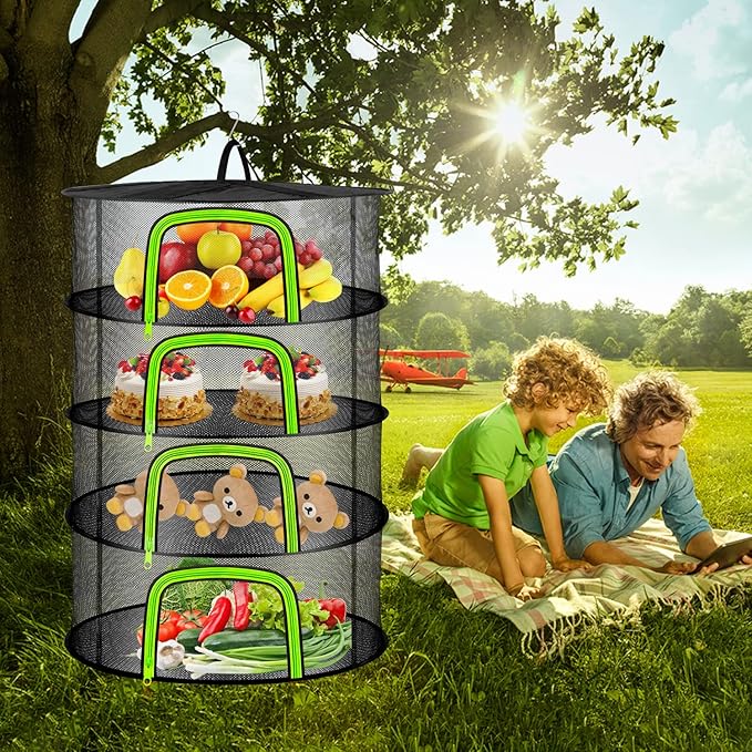 Coopache 4 Layer Herb Drying Rack Hanging Mesh Plant Dry Net Basket for Herbs Plants Flower Vegetables Spices Fish Food with Green Zippers